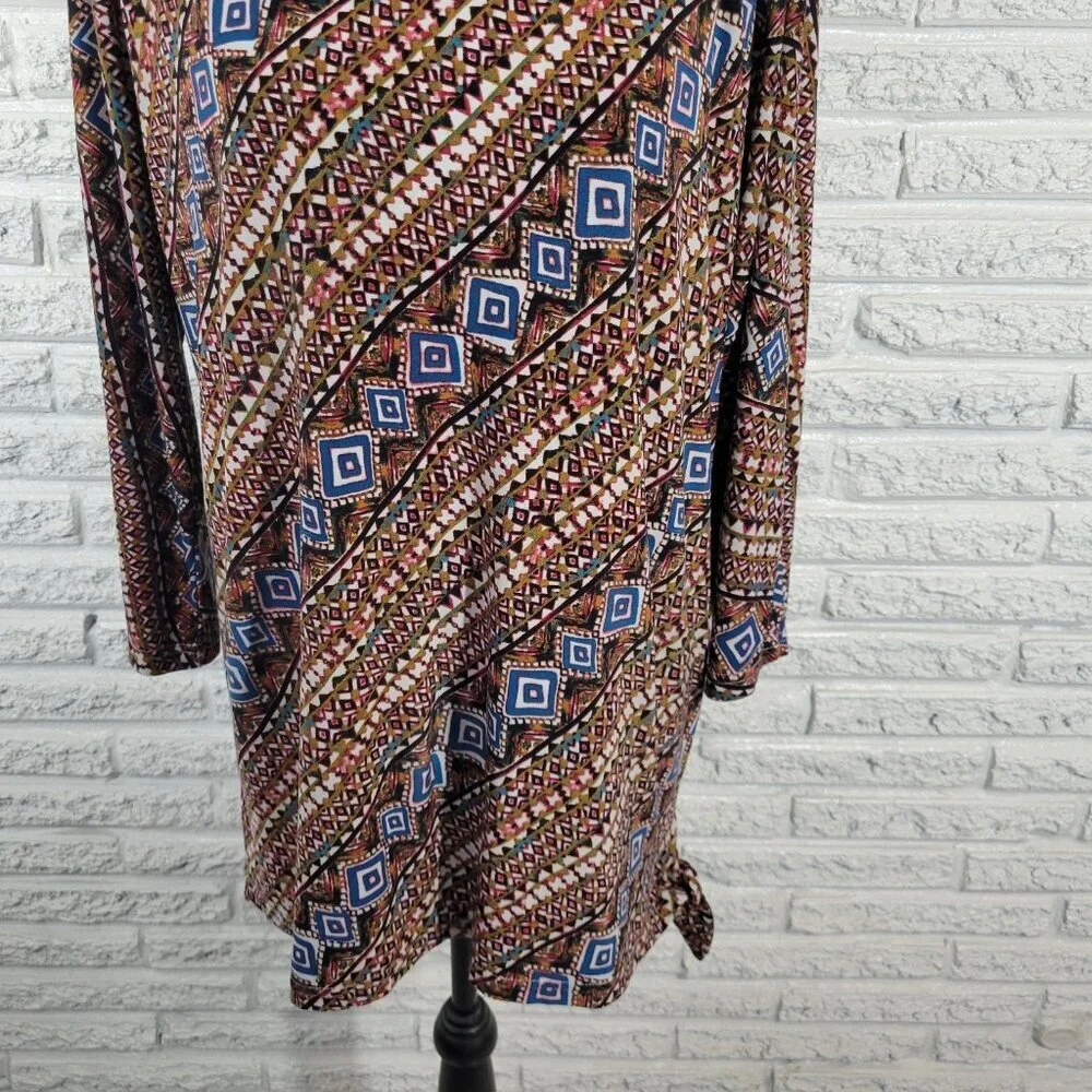 Carol Taylor Women's XL Brown Blue Geometric Dolman 3/4 Sleeve Pullover GEO185XE